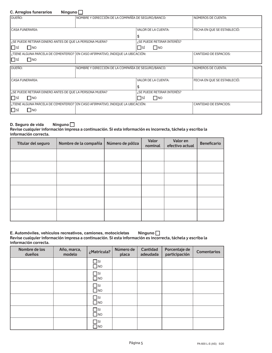 Formulario PA600 L-S Asistencia Medica (Medicaid) Solicitud De Elegibilidad Economica Para Recibir Servicios, Asistencia Y Cuidado a Largo Plazo - Pennsylvania (Spanish), Page 5
