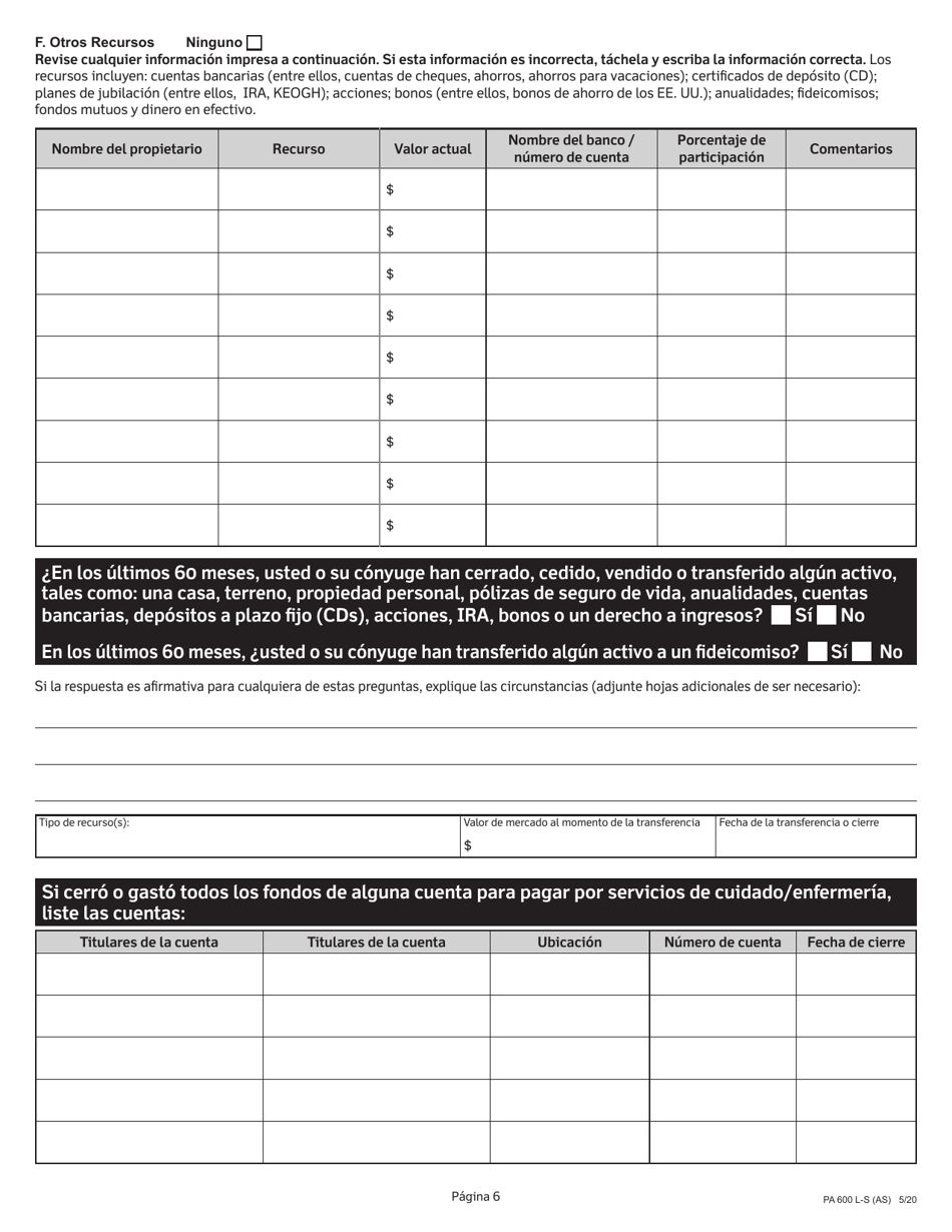 Formulario PA600 L-S Asistencia Medica (Medicaid) Solicitud De Elegibilidad Economica Para Recibir Servicios, Asistencia Y Cuidado a Largo Plazo - Pennsylvania (Spanish), Page 6