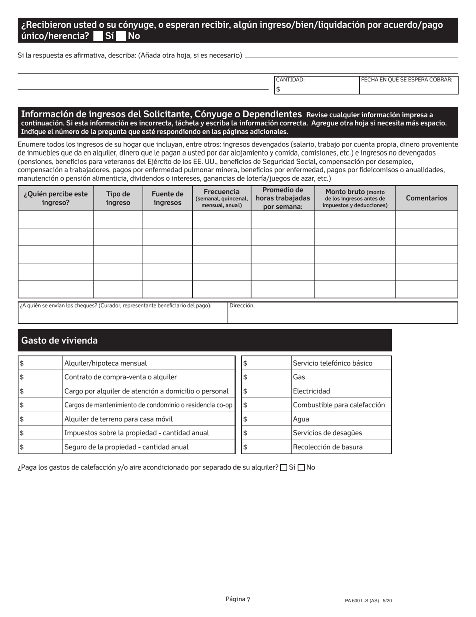 Formulario PA600 L-S Asistencia Medica (Medicaid) Solicitud De Elegibilidad Economica Para Recibir Servicios, Asistencia Y Cuidado a Largo Plazo - Pennsylvania (Spanish), Page 7