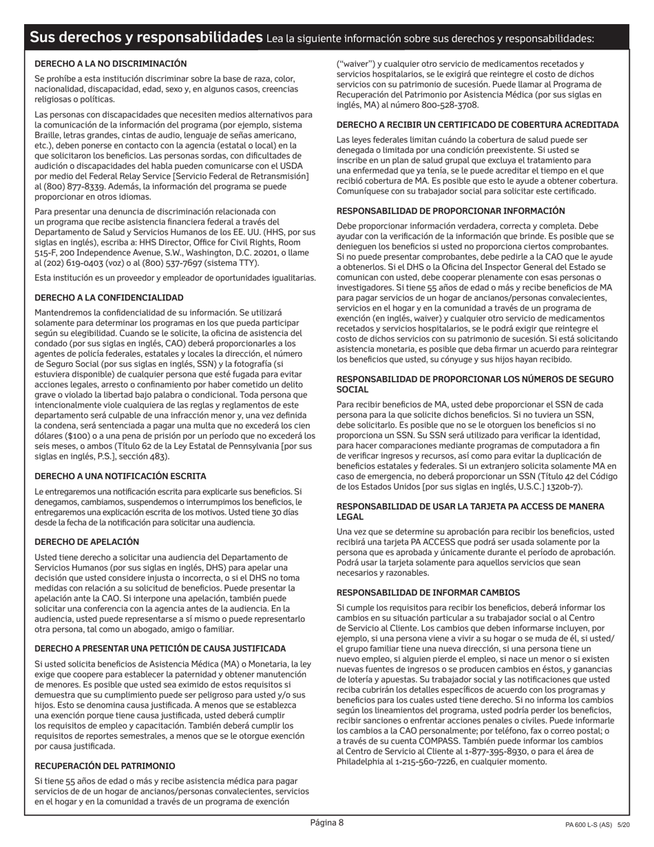 Formulario PA600 L-S Asistencia Medica (Medicaid) Solicitud De Elegibilidad Economica Para Recibir Servicios, Asistencia Y Cuidado a Largo Plazo - Pennsylvania (Spanish), Page 8