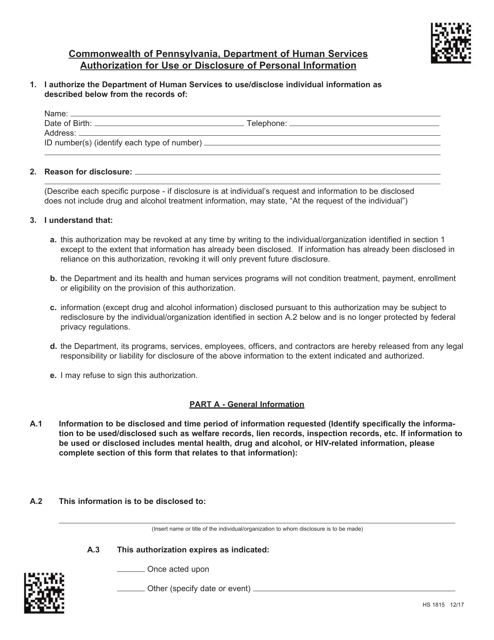 Form HS1815 Authorization for Use or Disclosure of Personal Information - Pennsylvania