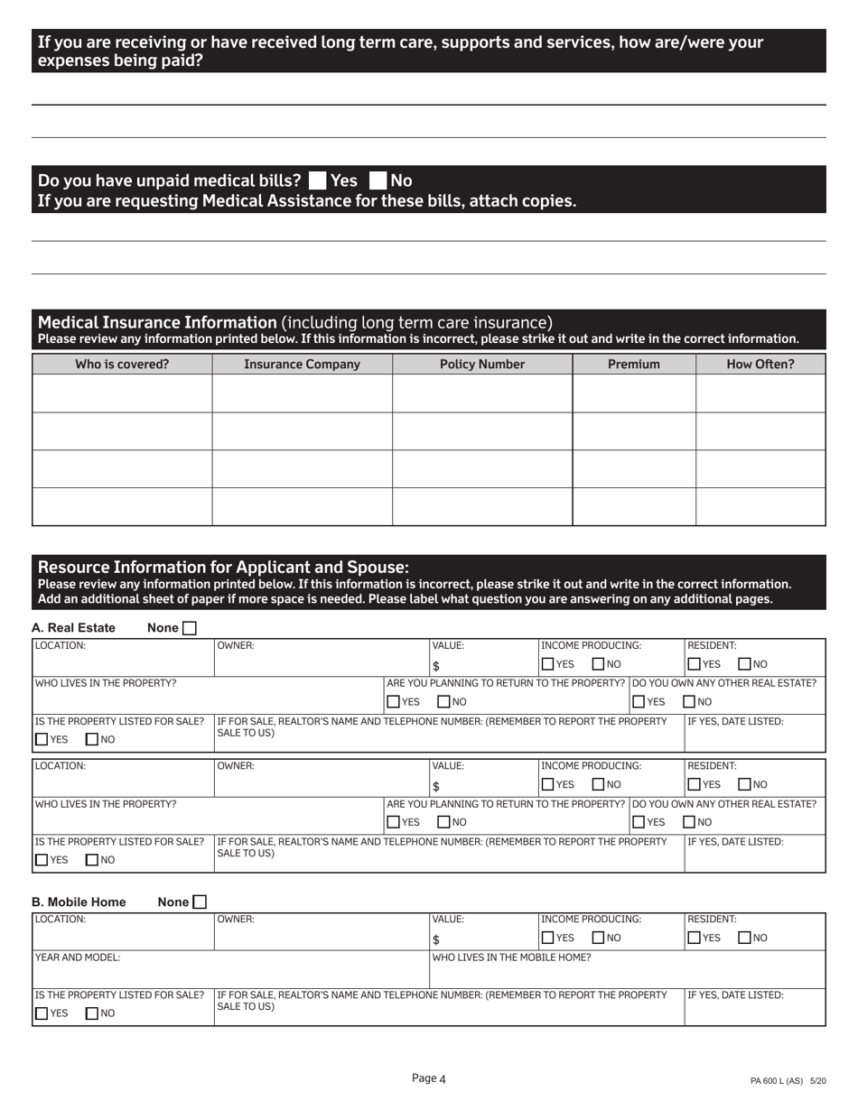 Form PA600 L Medical Assistance (Medicaid) Financial Eligibility Application for Long Term Care, Supports and Services - Pennsylvania, Page 4