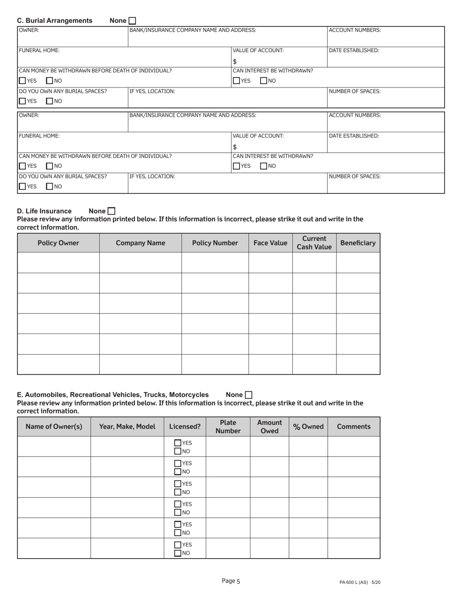 Form PA600 L Medical Assistance (Medicaid) Financial Eligibility Application for Long Term Care, Supports and Services - Pennsylvania, Page 5