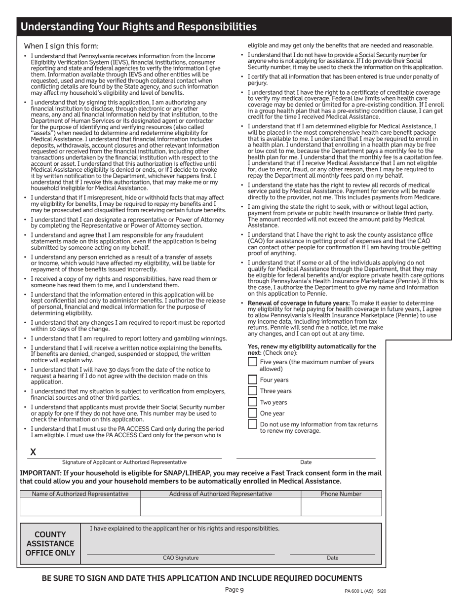 Form PA600 L Medical Assistance (Medicaid) Financial Eligibility Application for Long Term Care, Supports and Services - Pennsylvania, Page 9