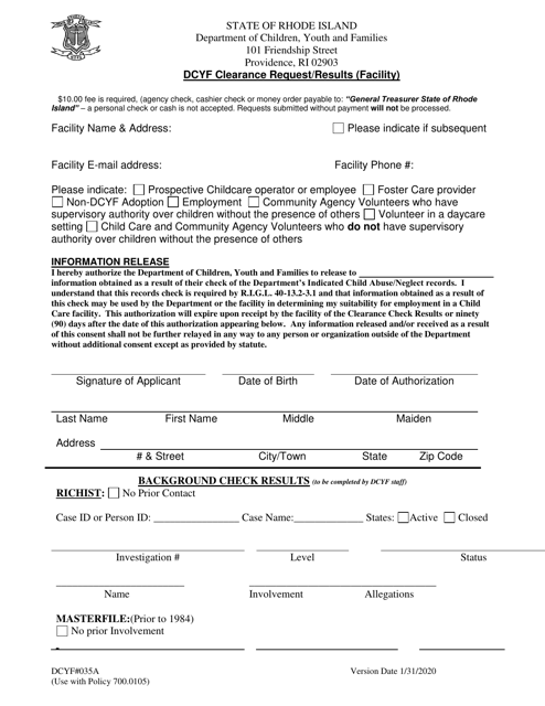 Form DCYF035A Dcyf Clearance Request/Results (Facility) - Rhode Island