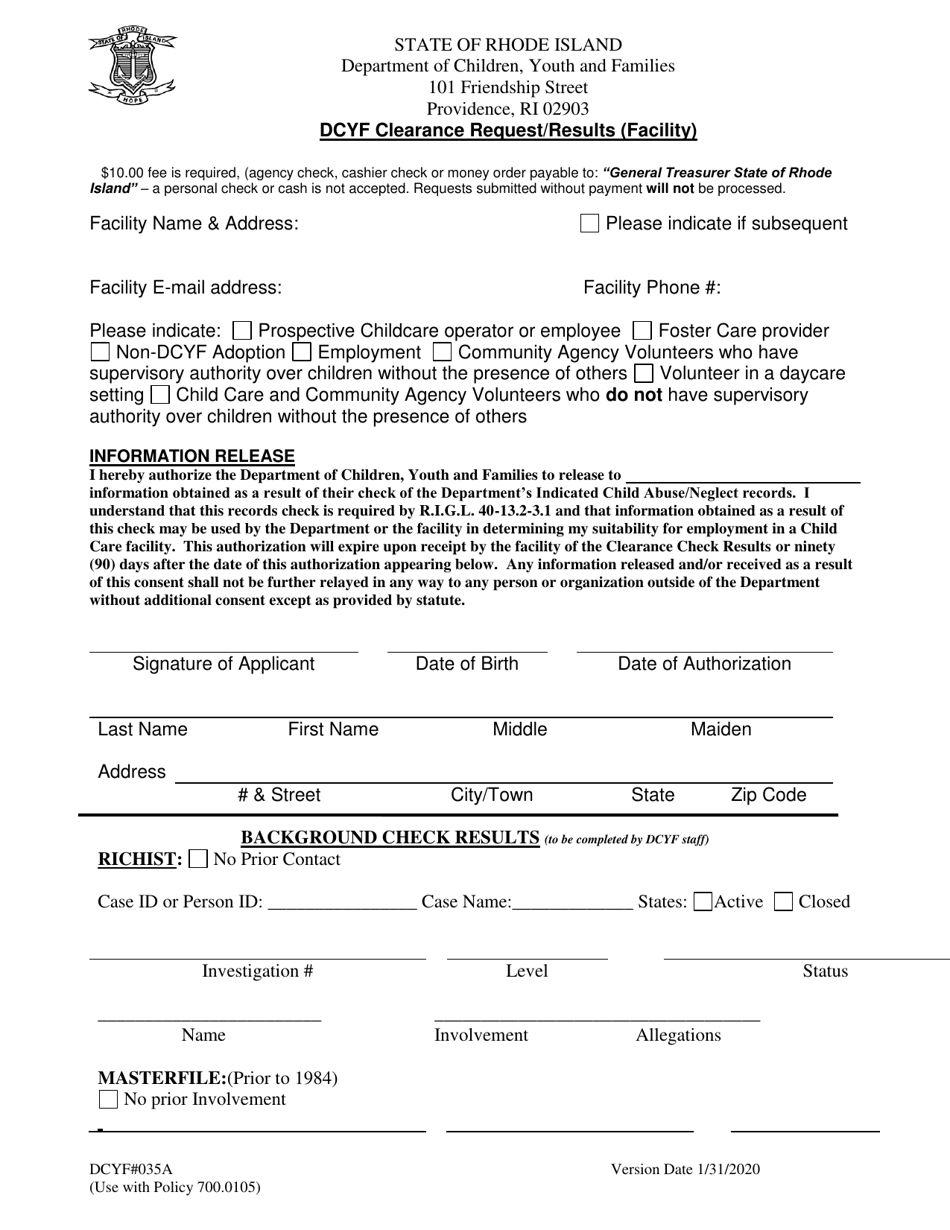Form DCYF035A Dcyf Clearance Request / Results (Facility) - Rhode Island, Page 1