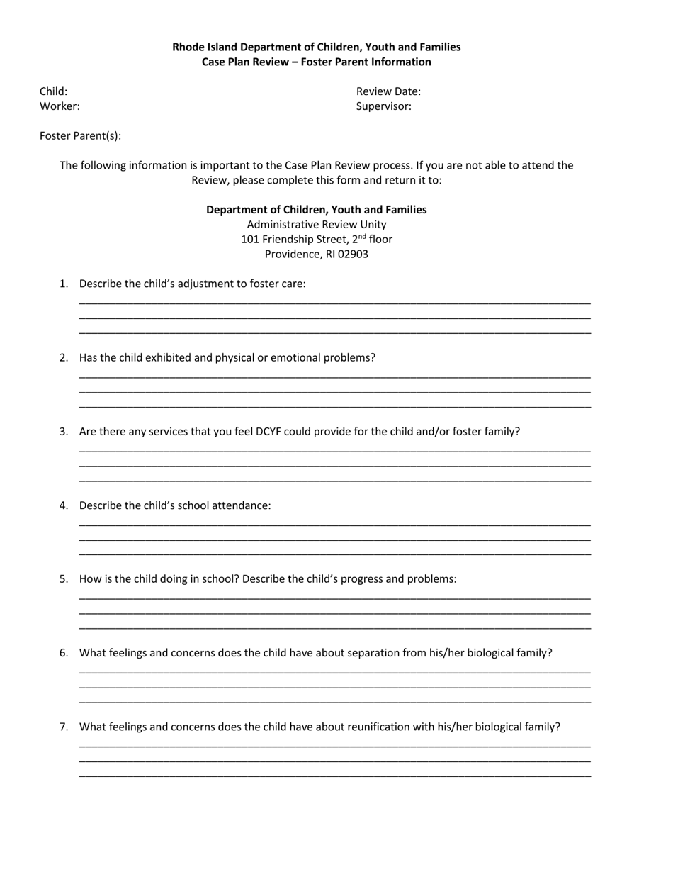 Rhode Island Case Plan Review Foster Parent Information Fill Out