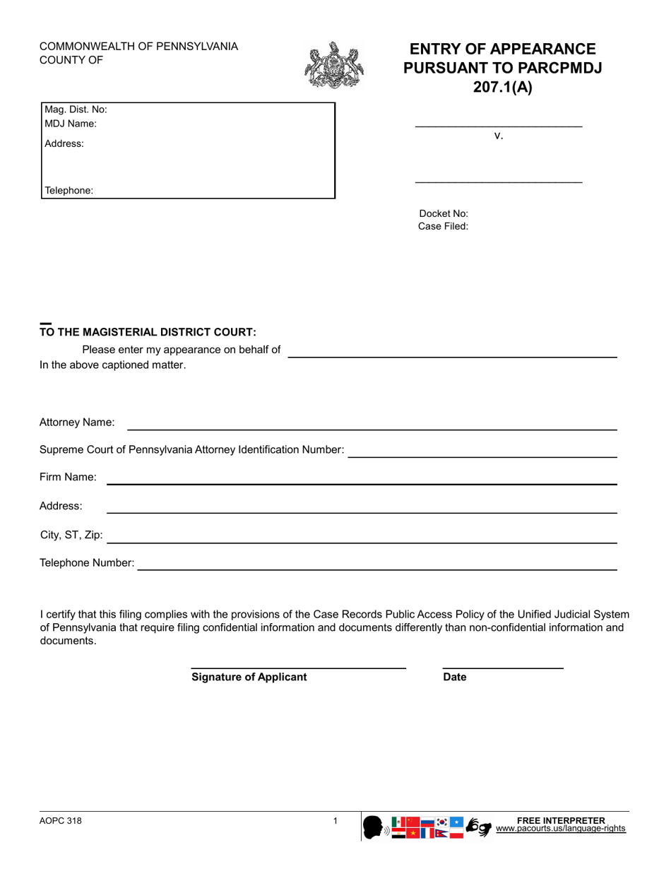 Form AOPC318 Entry of Appearance Pursuant to Parcpmdj 207.1(A) - Pennsylvania, Page 1