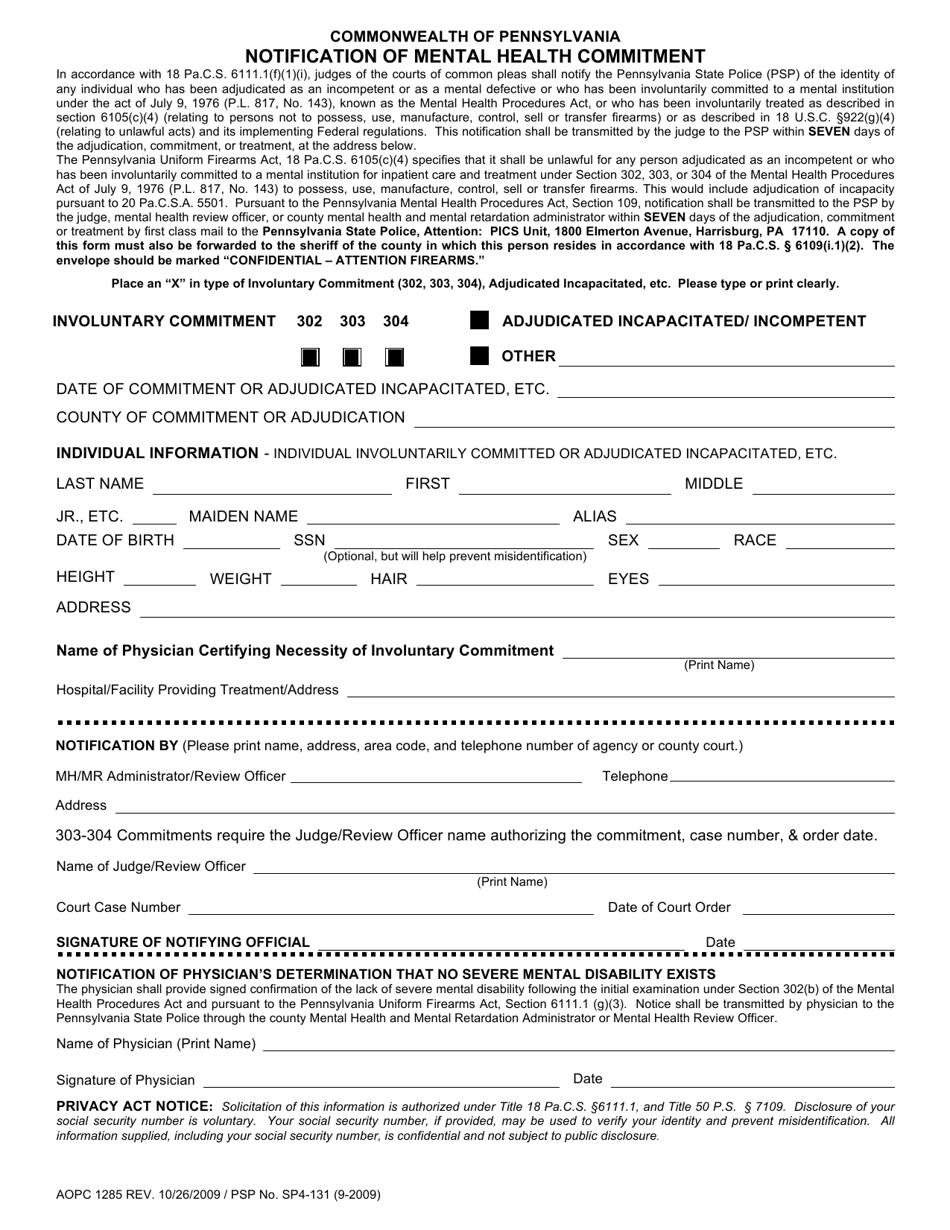 Form AOPC1285 Notification of Mental Health Commitment - Pennsylvania, Page 1