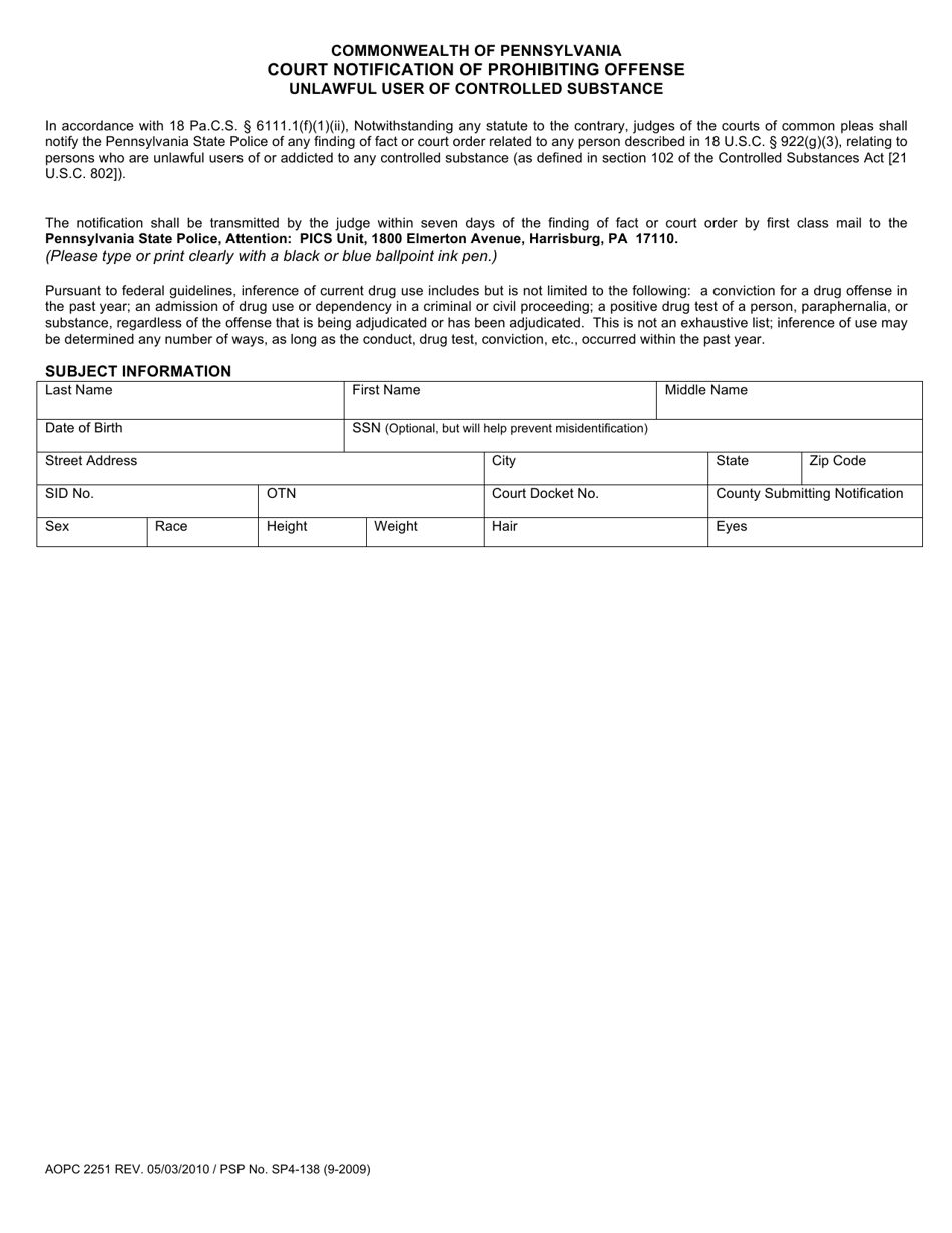 Form AOPC2251 Court Notification of Prohibiting Offense Unlawful User of Controlled Substance - Pennsylvania, Page 1