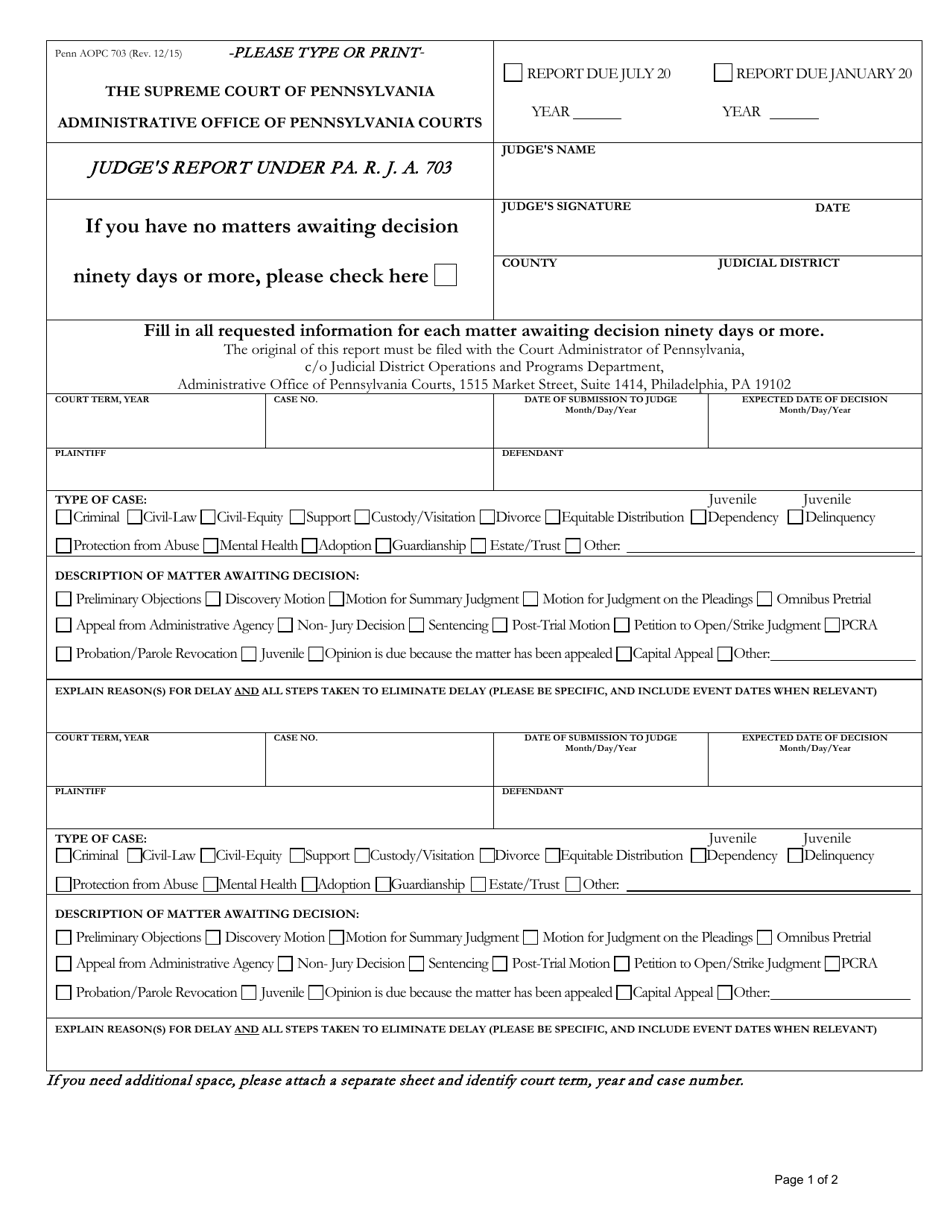 Form AOPC703 Judges Report Under Pa. R. J. a. 703 - Pennsylvania, Page 1