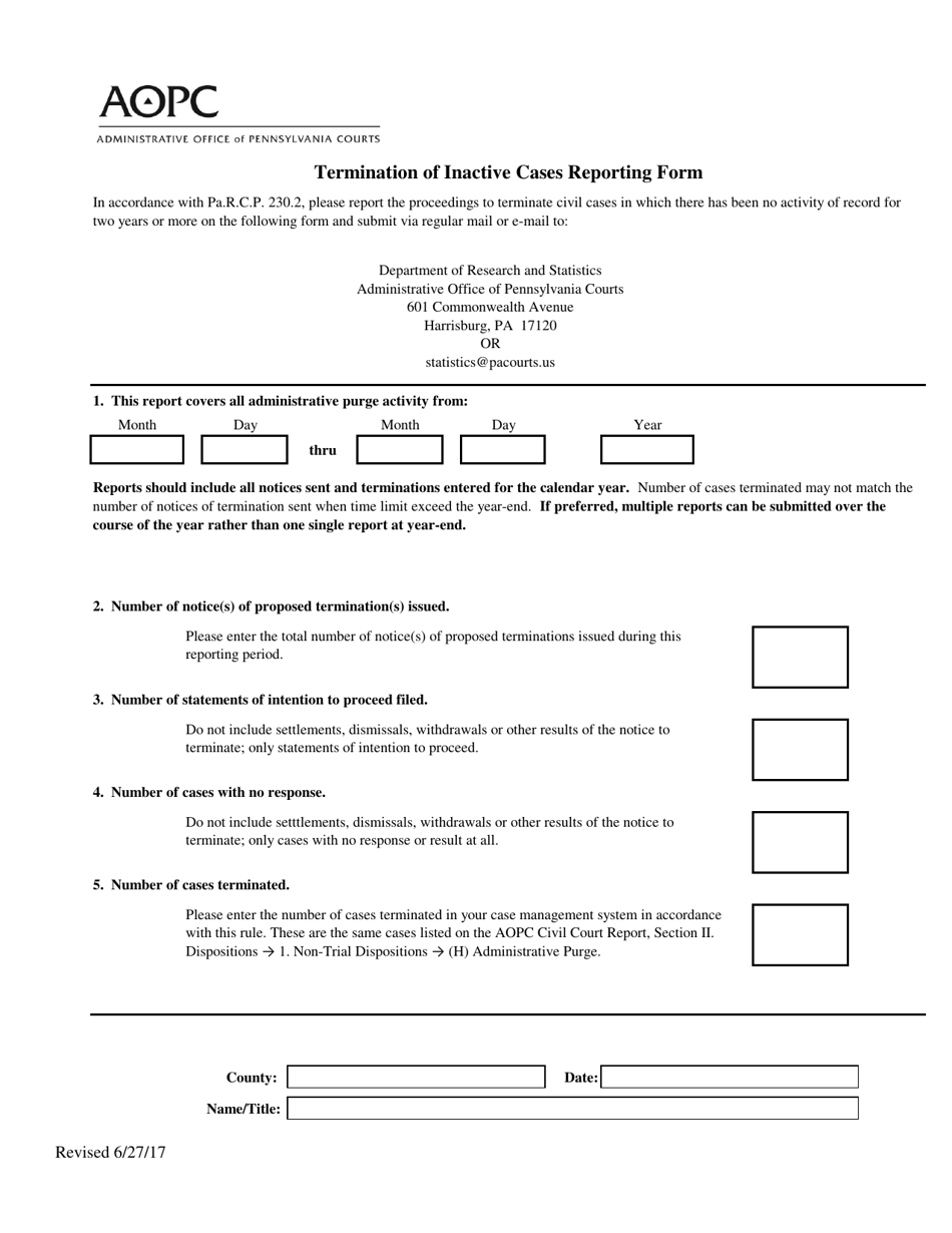 Termination of Inactive Cases Reporting Form - Pennsylvania, Page 1