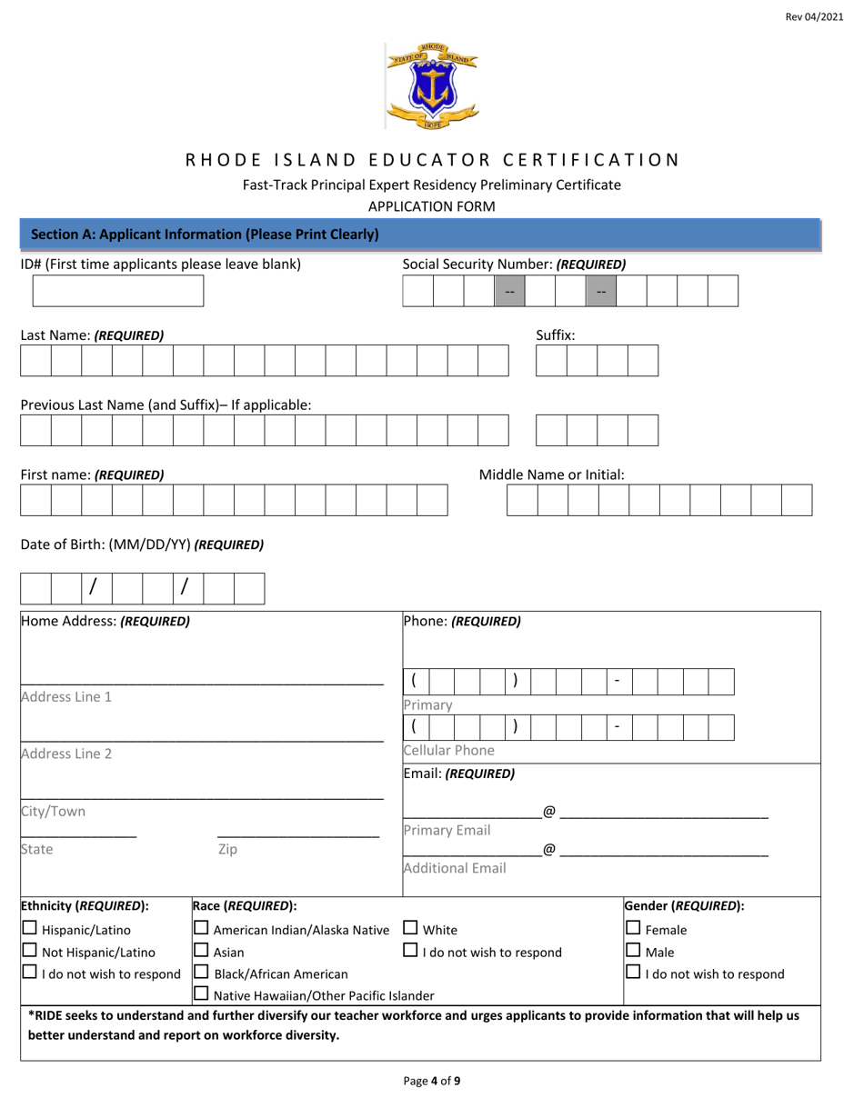 Fast Track Principal Expert Residency Preliminary Certificate Application - Rhode Island, Page 4