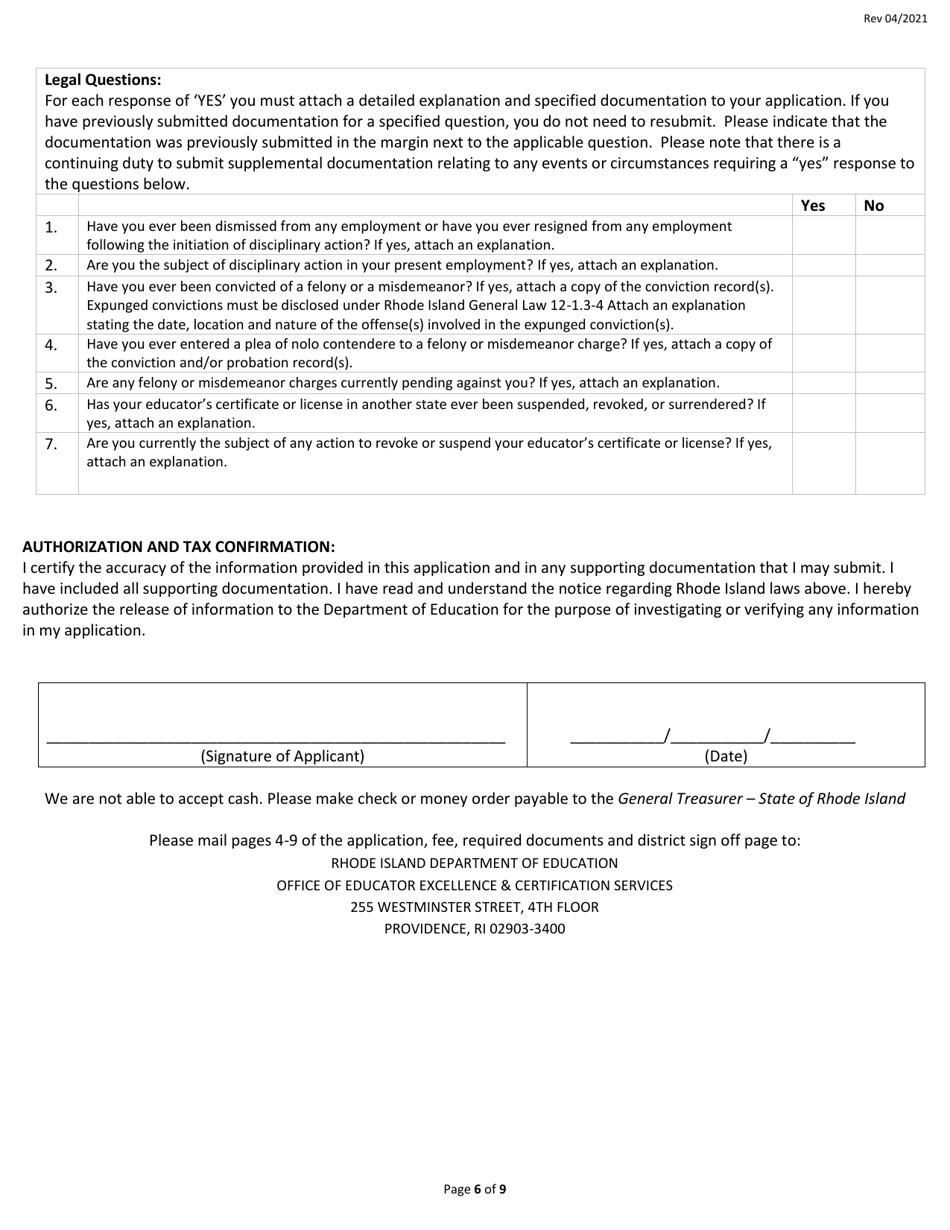 Fast Track Principal Expert Residency Preliminary Certificate Application - Rhode Island, Page 6