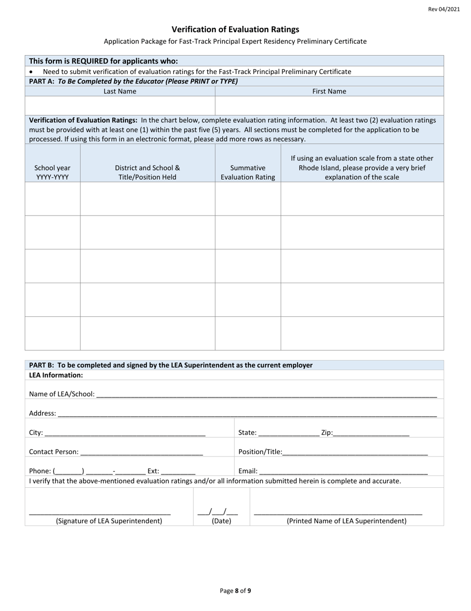 Fast Track Principal Expert Residency Preliminary Certificate Application - Rhode Island, Page 8