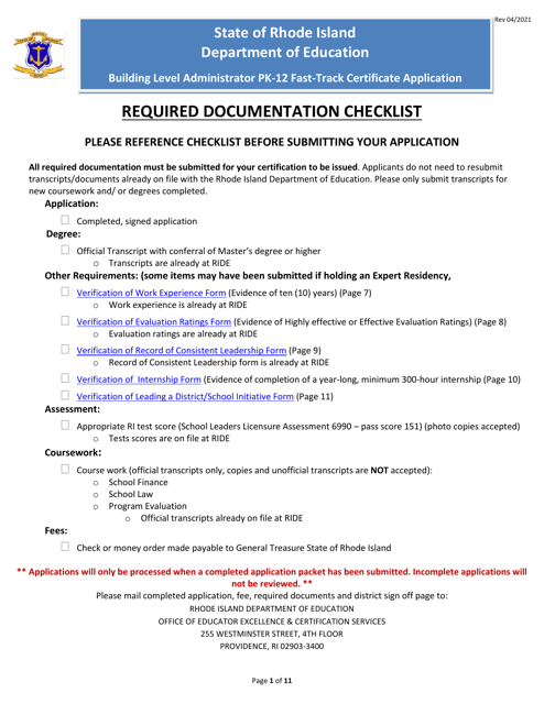 Building Level Administrator Pk-12 Fast-Track Certificate Application Form - Rhode Island Download Pdf