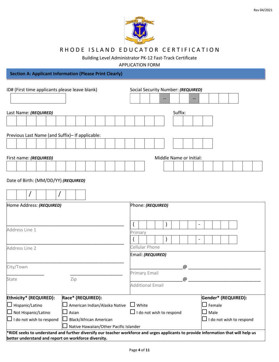 Building Level Administrator Pk-12 Fast-Track Certificate Application Form - Rhode Island, Page 4