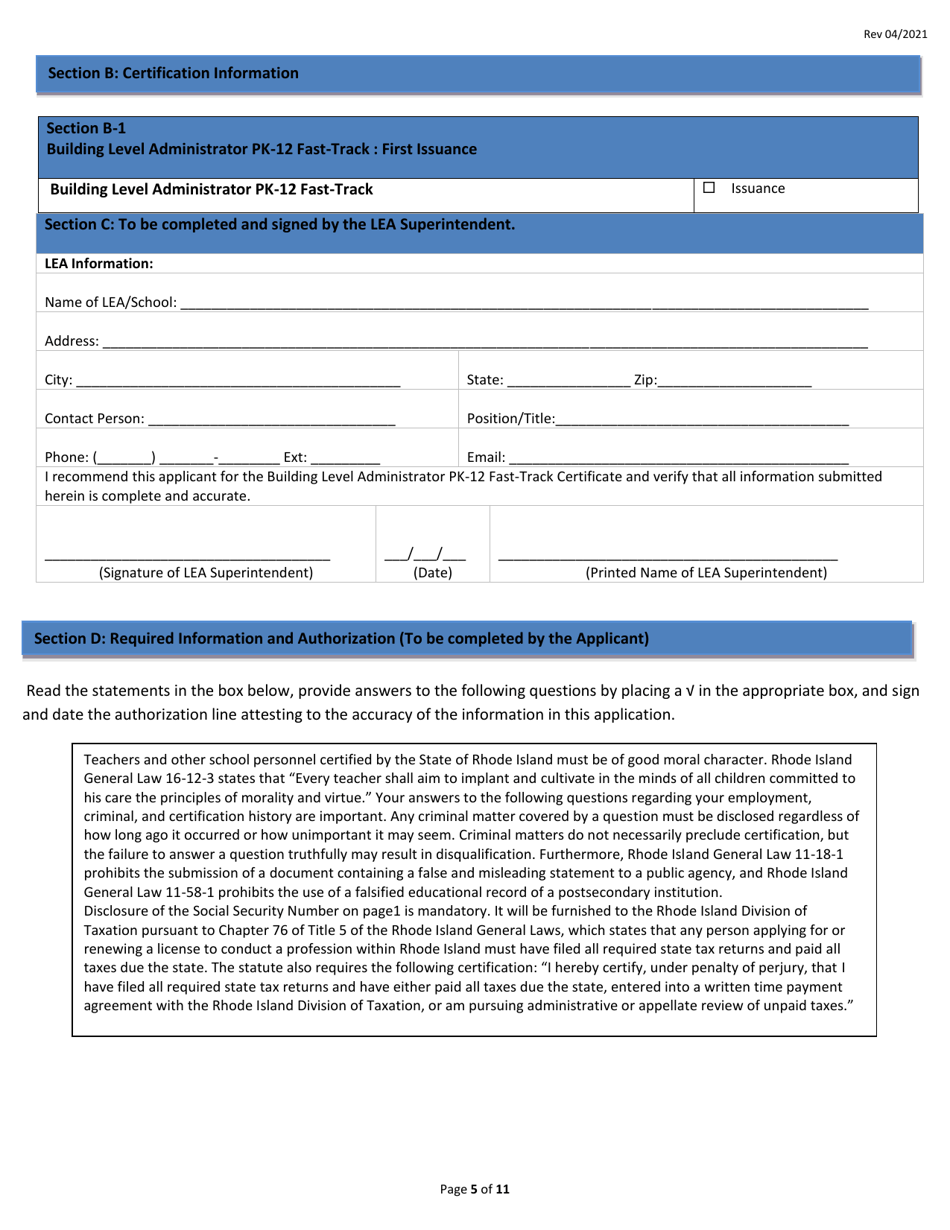 Building Level Administrator Pk-12 Fast-Track Certificate Application Form - Rhode Island, Page 5