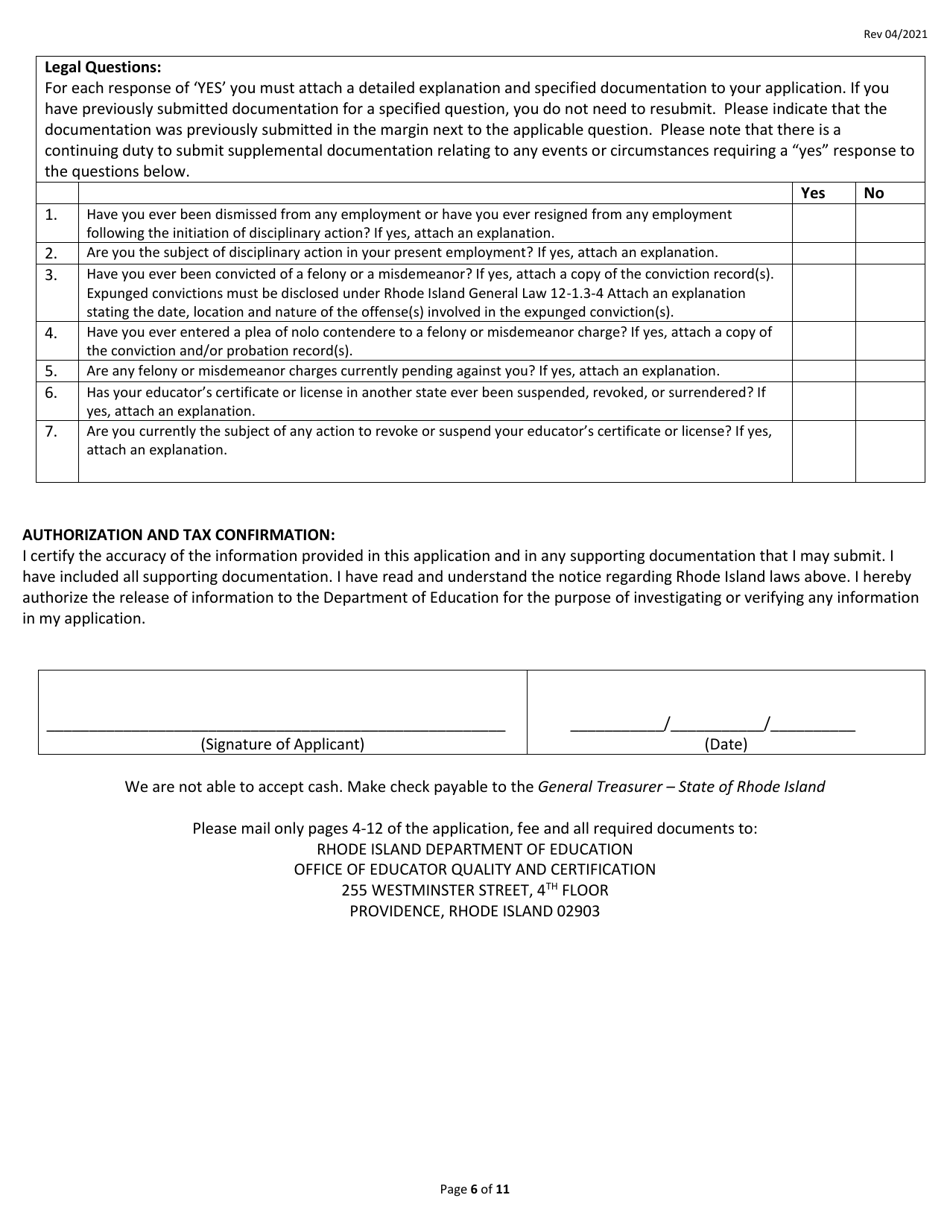 Building Level Administrator Pk-12 Fast-Track Certificate Application Form - Rhode Island, Page 6