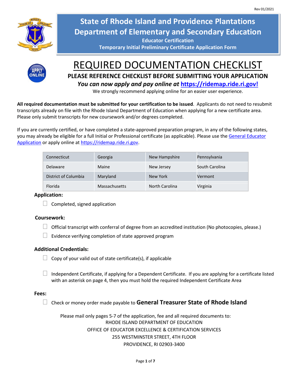 Rhode Island Educator Certification Temporary Initial Preliminary Certificate Application Form - Rhode Island, Page 1