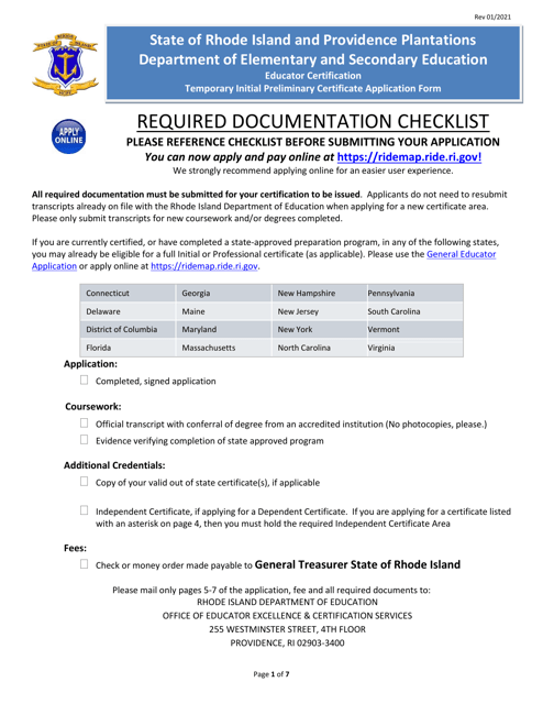 Rhode Island Educator Certification Temporary Initial Preliminary Certificate Application Form - Rhode Island Download Pdf