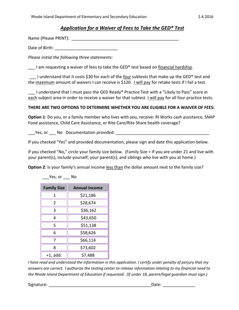 Application for a Waiver of Fees to Take the Ged Test - Rhode Island