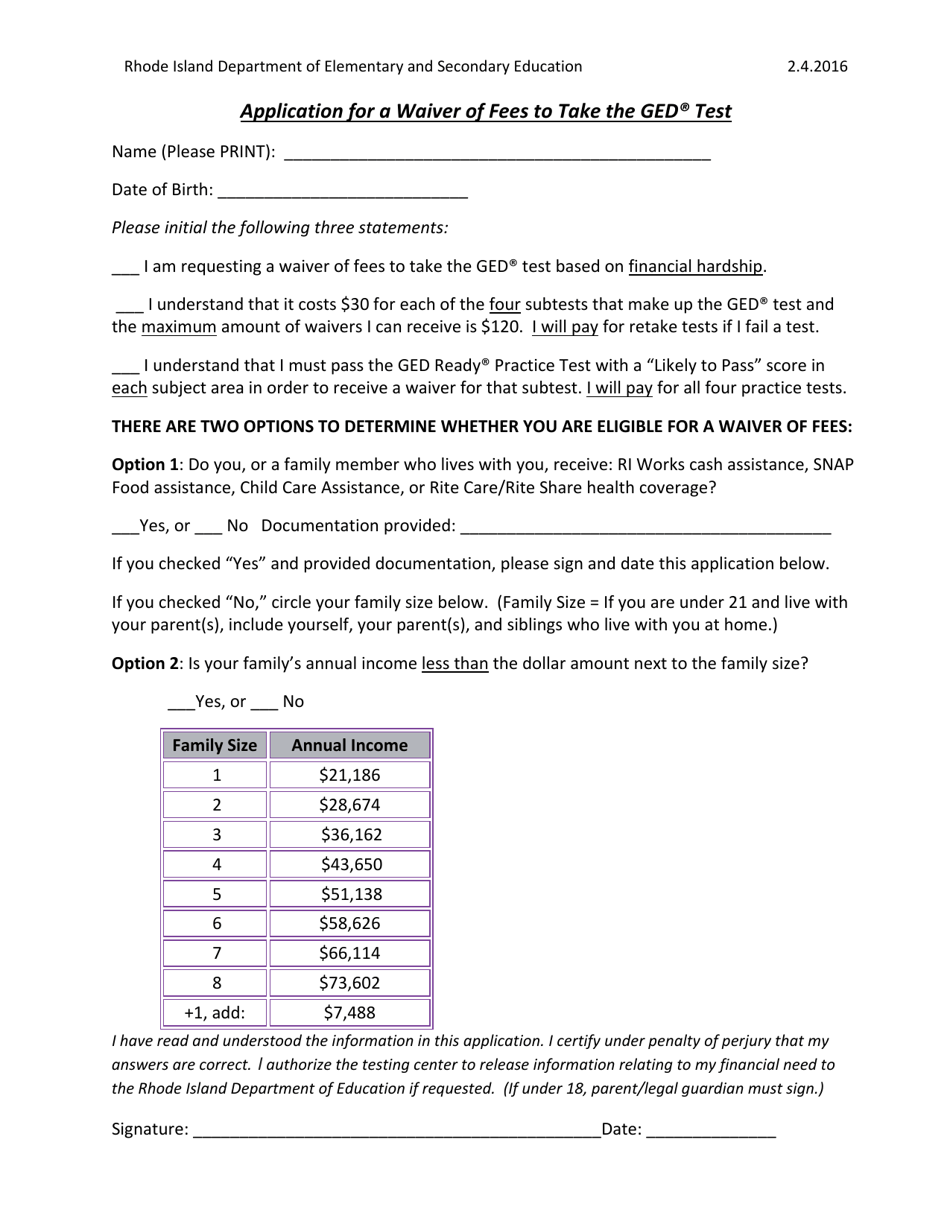 Rhode Island Application For A Waiver Of Fees To Take The Ged Test 