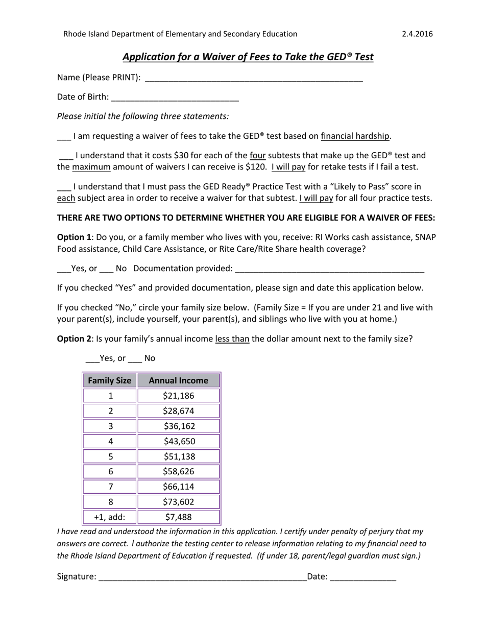 Application for a Waiver of Fees to Take the Ged Test - Rhode Island, Page 1