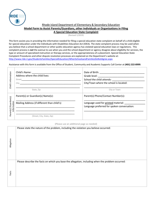 Model Form to Assist Parents/Guardians, Other Individuals or Organizations in Filing a Special Education State Complaint - Rhode Island