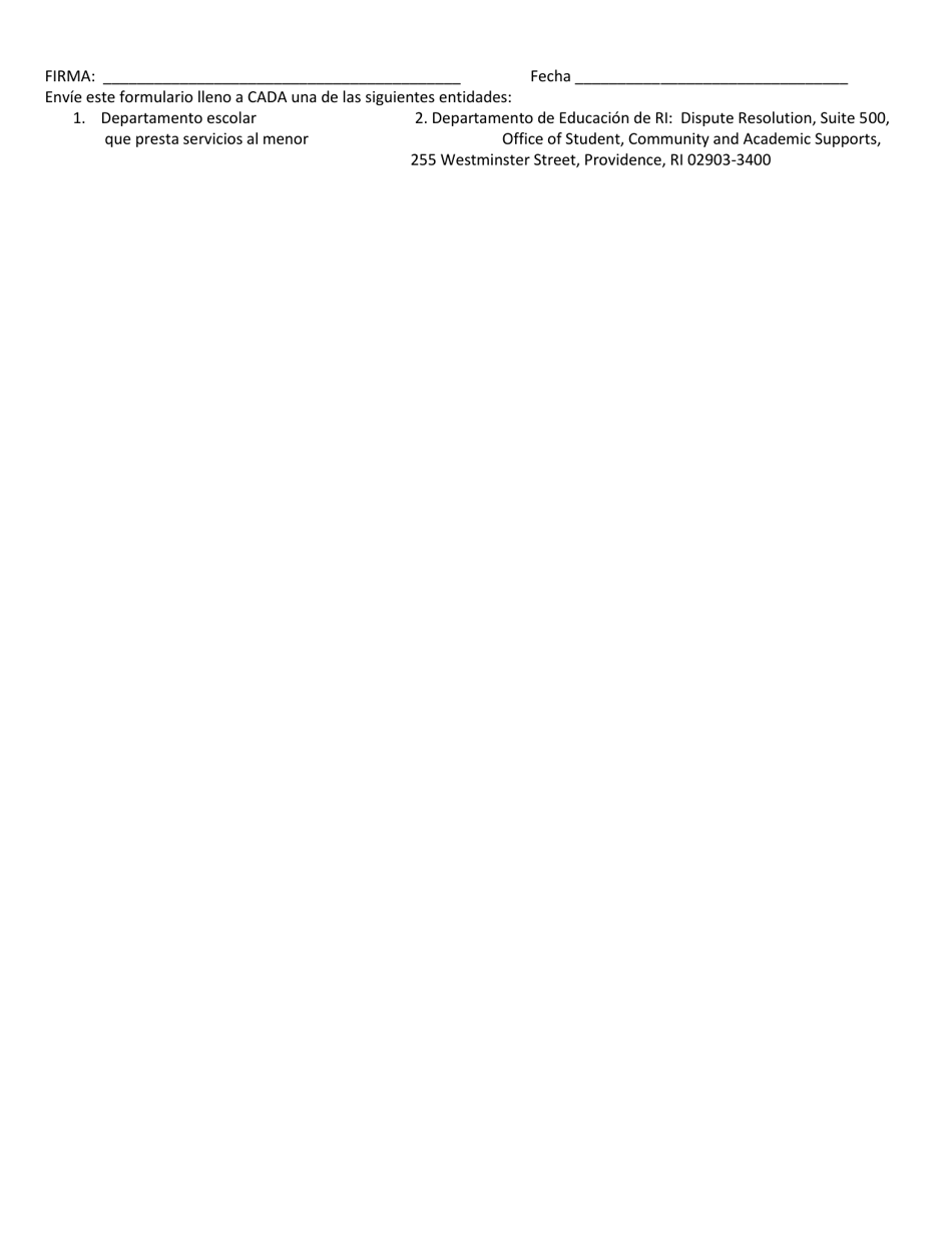 Formulario Modelo Para Ayudar a Padres / Tutores, Otras Personas U Organizaciones a Presentar Una Queja Estatal Sobre Educacion Especial - Rhode Island (Spanish), Page 2