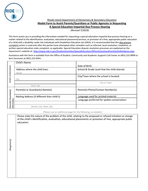 Model Form to Assist Parents / Guardians or Public Agencies in Requesting a Special Education Impartial Due Process Hearing - Rhode Island Download Pdf