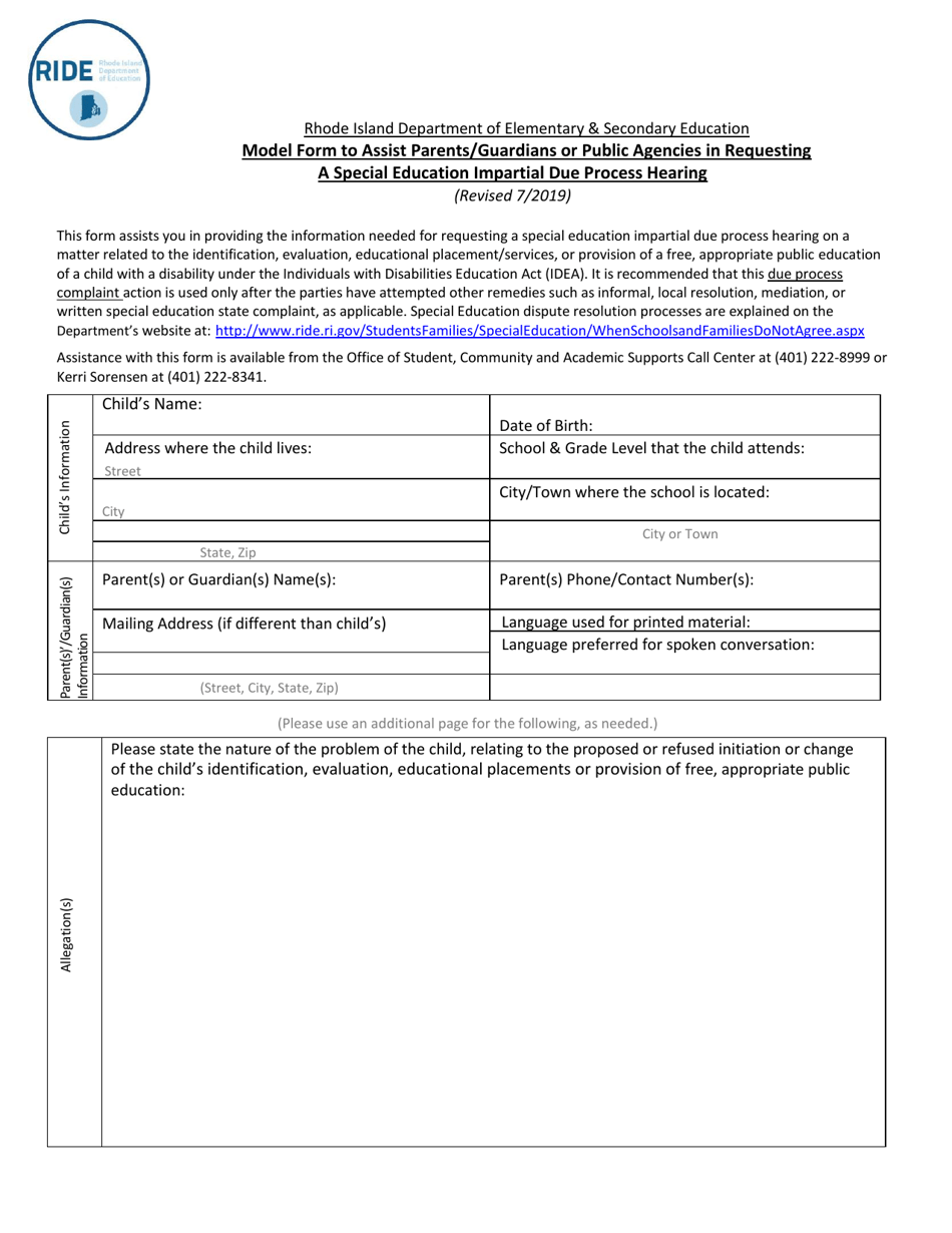 Model Form to Assist Parents / Guardians or Public Agencies in Requesting a Special Education Impartial Due Process Hearing - Rhode Island, Page 1