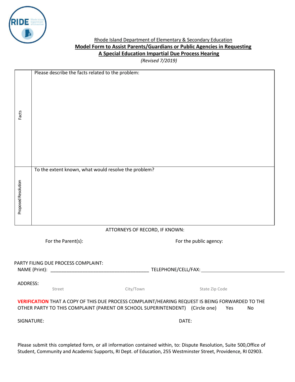Model Form to Assist Parents / Guardians or Public Agencies in Requesting a Special Education Impartial Due Process Hearing - Rhode Island, Page 2