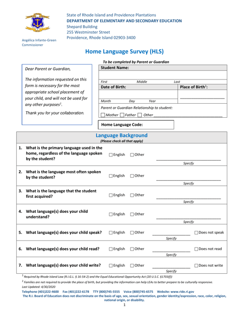Home Language Survey (Hls) - Rhode Island Download Pdf