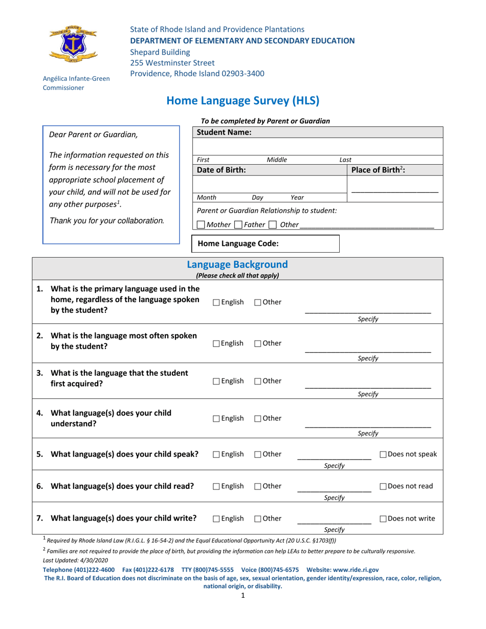 Home Language Survey (Hls) - Rhode Island, Page 1