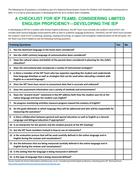 A Checklist for Iep Teams: Considering Limited English Proficiency - Developing the Iep - Rhode Island