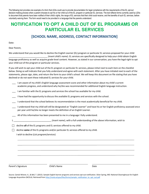 Notification to Opt a Child out of El Programs or Particular El Services - Rhode Island