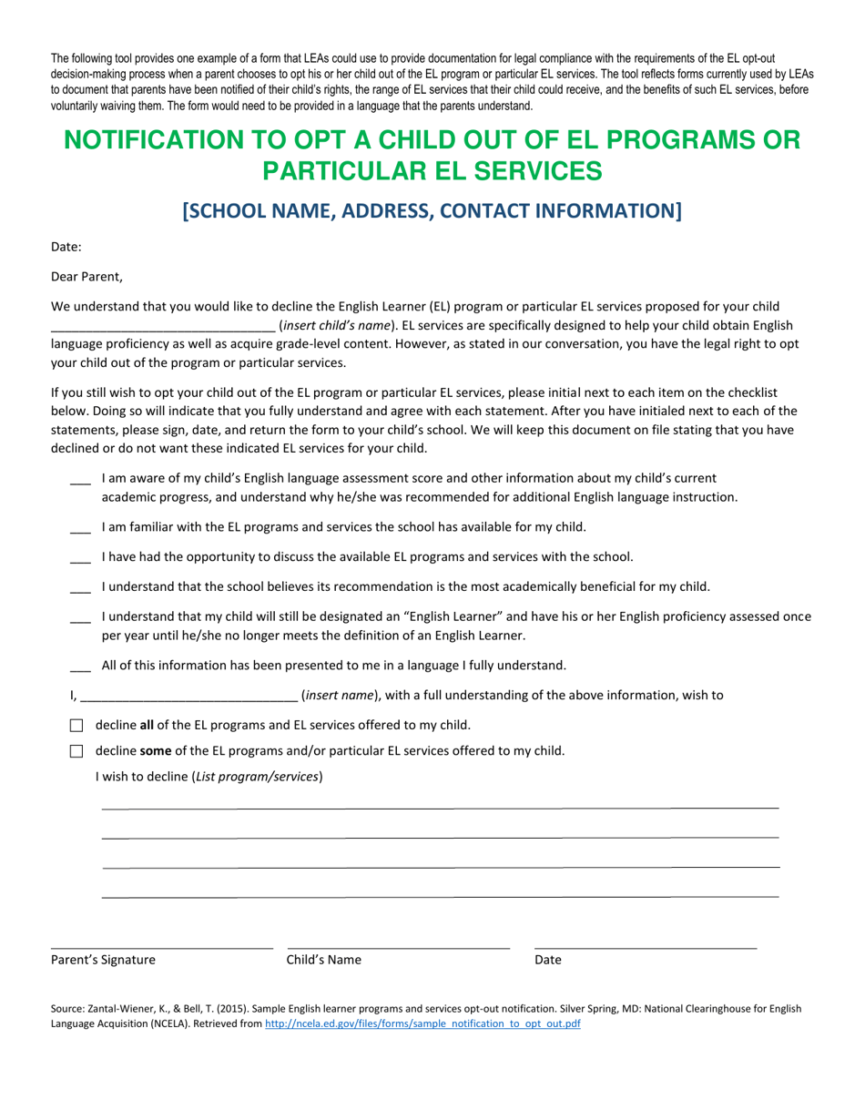 Notification to Opt a Child out of El Programs or Particular El Services - Rhode Island, Page 1