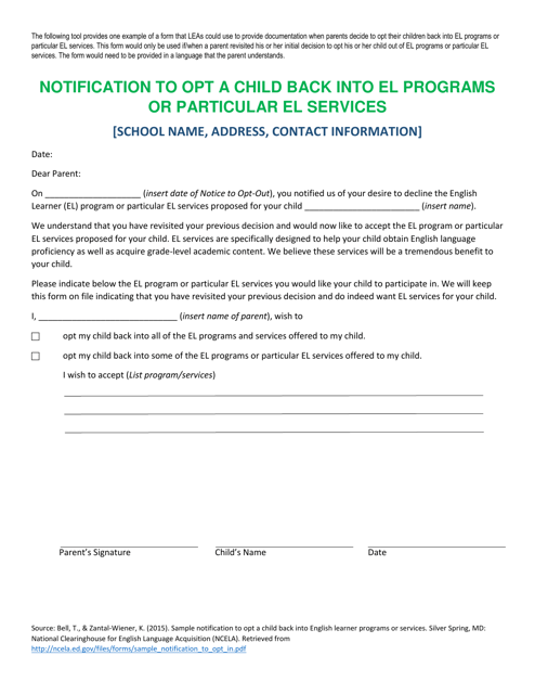 Notification to Opt a Child Back Into El Programs or Particular El Services - Rhode Island