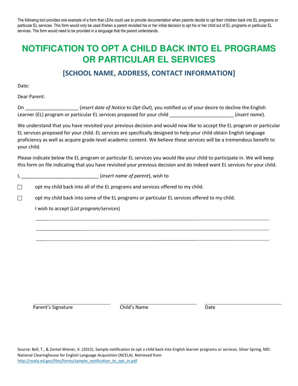 Notification to Opt a Child Back Into El Programs or Particular El Services - Rhode Island, Page 1