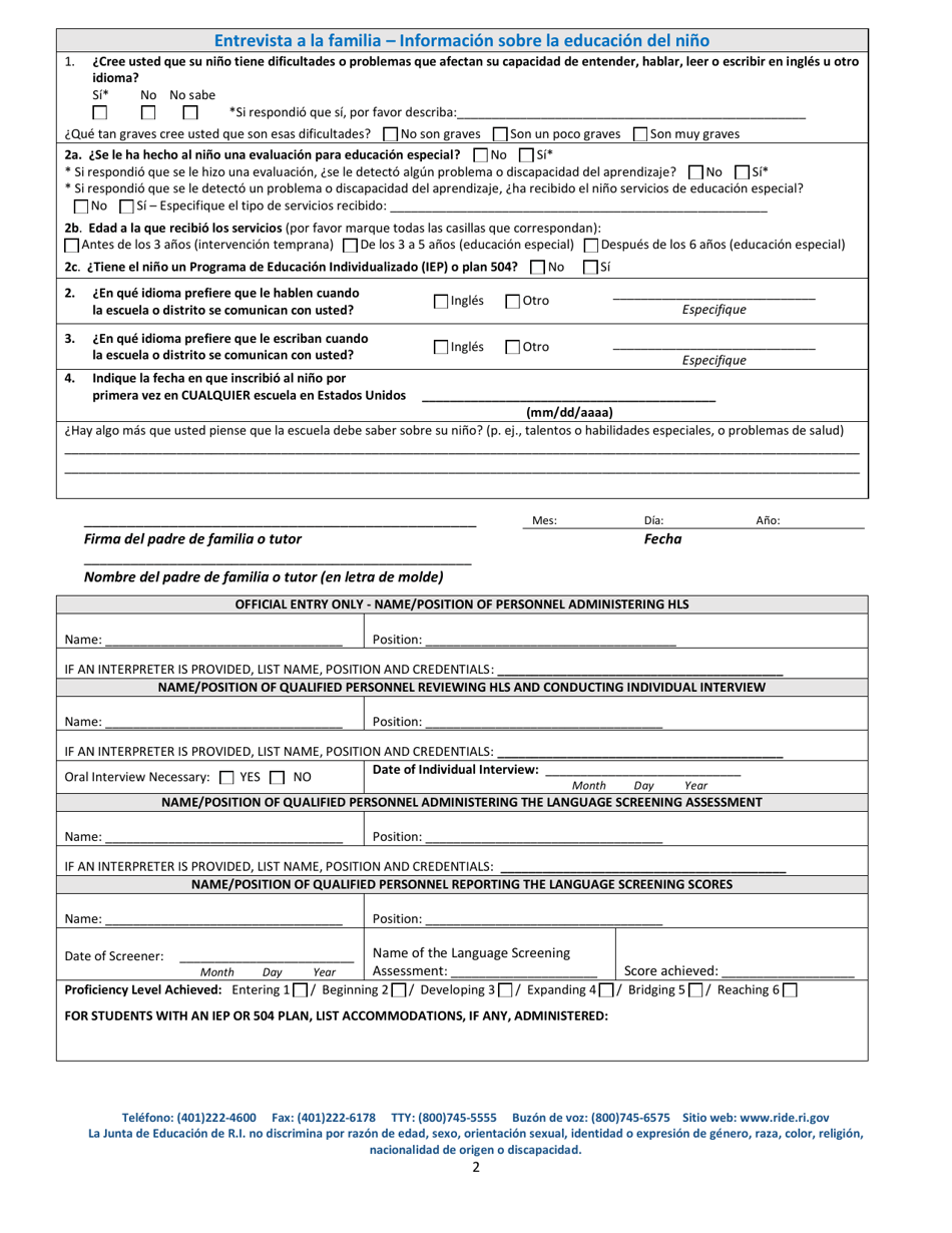 Encuesta Sobre El Idioma En El Hogar (Hls) - Rhode Island (Spanish), Page 2