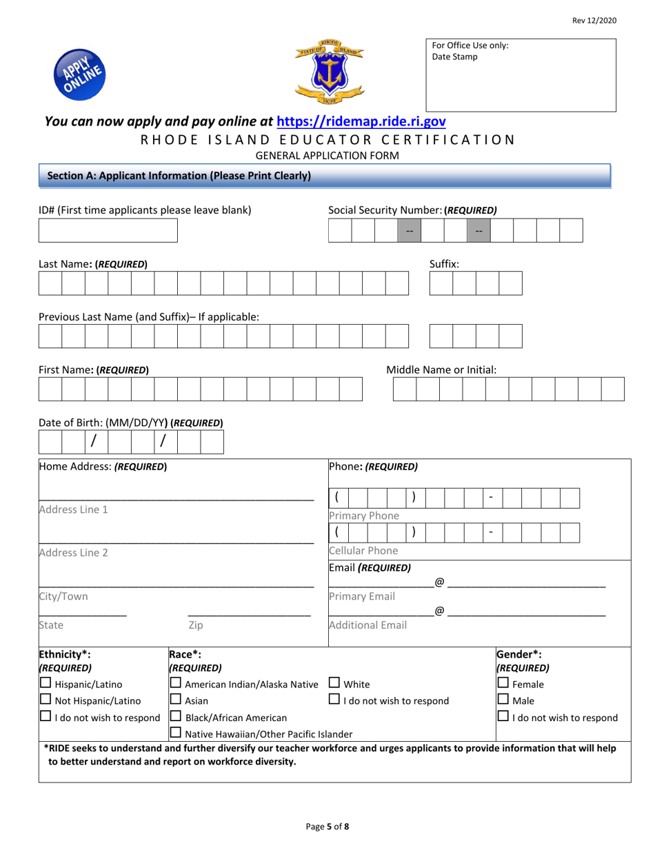 Rhode Island Educator Certification - General Application Form - Rhode Island, Page 5