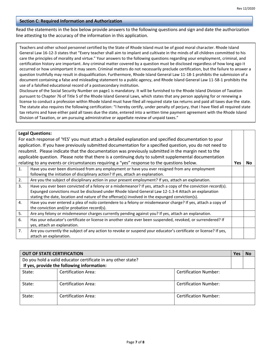 Rhode Island Educator Certification - General Application Form - Rhode Island, Page 7