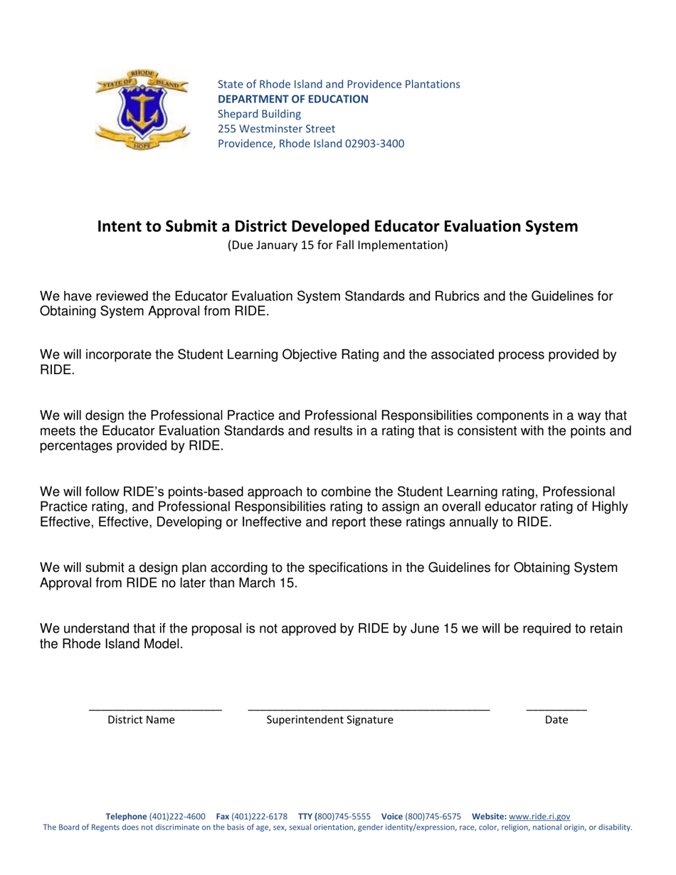 Intent to Submit a District Developed Educator Evaluation System - Rhode Island, Page 1