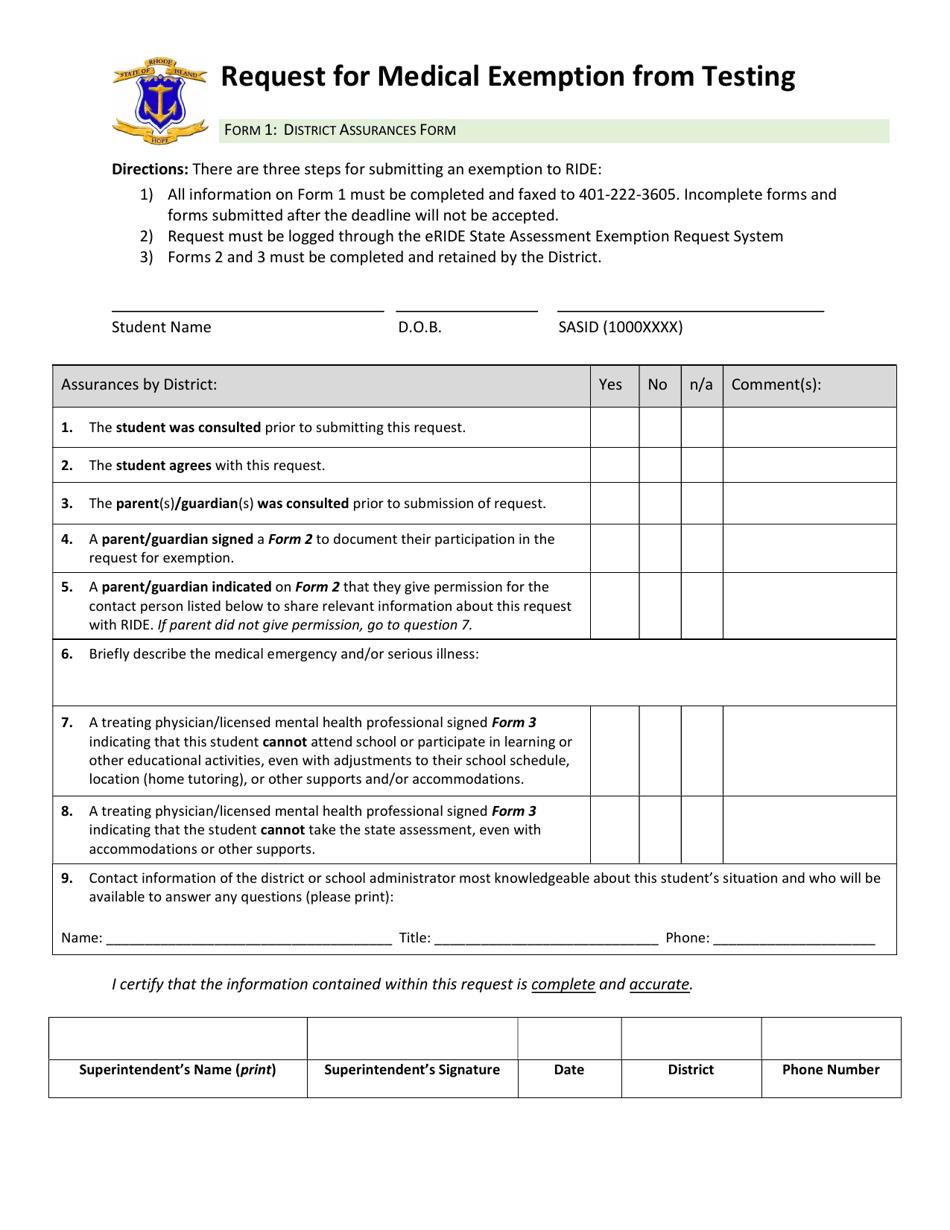 Form 1 District Assurances Form - Rhode Island, Page 1