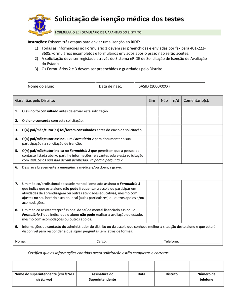 Form 1 District Assurances Form - Rhode Island (Portuguese), Page 1