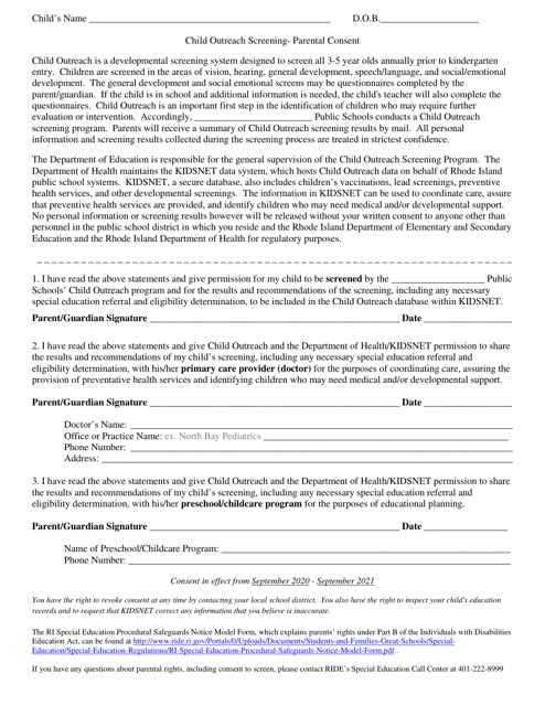 Child Outreach Screening - Parental Consent - Rhode Island Download Pdf