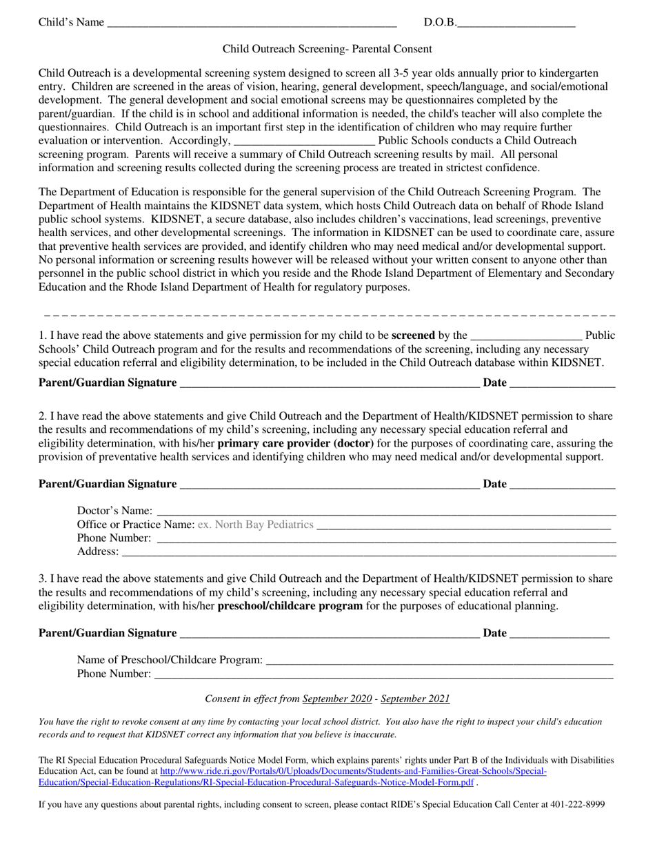 Child Outreach Screening - Parental Consent - Rhode Island, Page 1