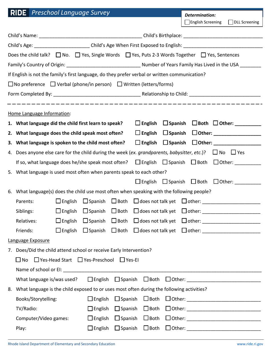 Preschool Language Survey - Rhode Island, Page 1