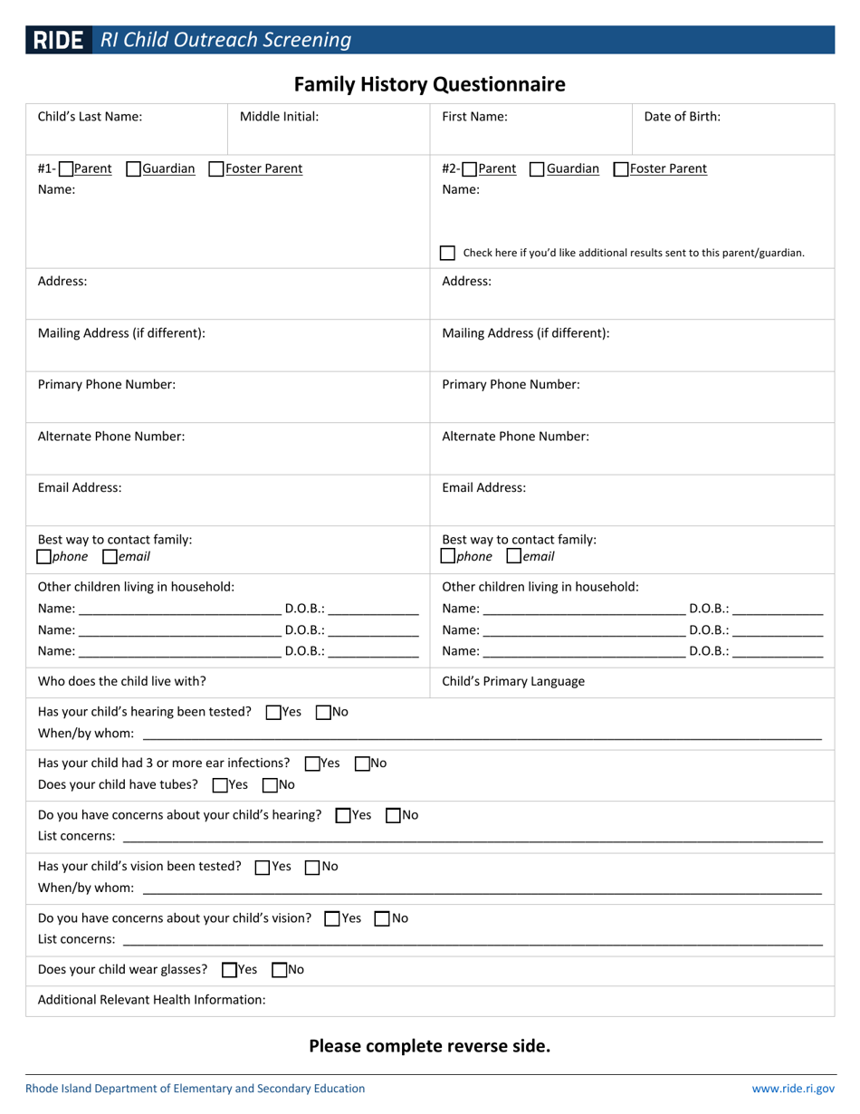 Family History Questionnaire - Rhode Island, Page 1